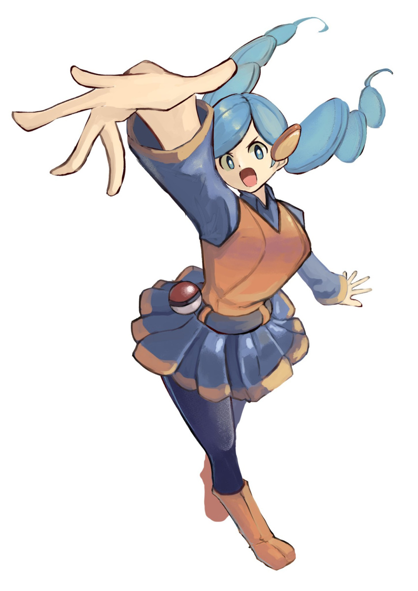 1girl, ace_trainer_(female)_(pokemon_bw), ace_trainer_(pokemon), aqua_eyes, aqua_hair, black_pantyhose, black_shirt, black_skirt, boots, dot_nose, food-themed_hair_ornament, from_above, hair_ornament, highres, long_hair, long_sleeves, looking_at_viewer, looking_up, miniskirt, open_mouth, orange_boots, orange_hair_ornament, orange_trim, orange_vest, pantyhose, pleated_skirt, poke_ball, pokemon, pokemon_black_and_white, shirt, skirt, tikuwabu_33, twintails, vest