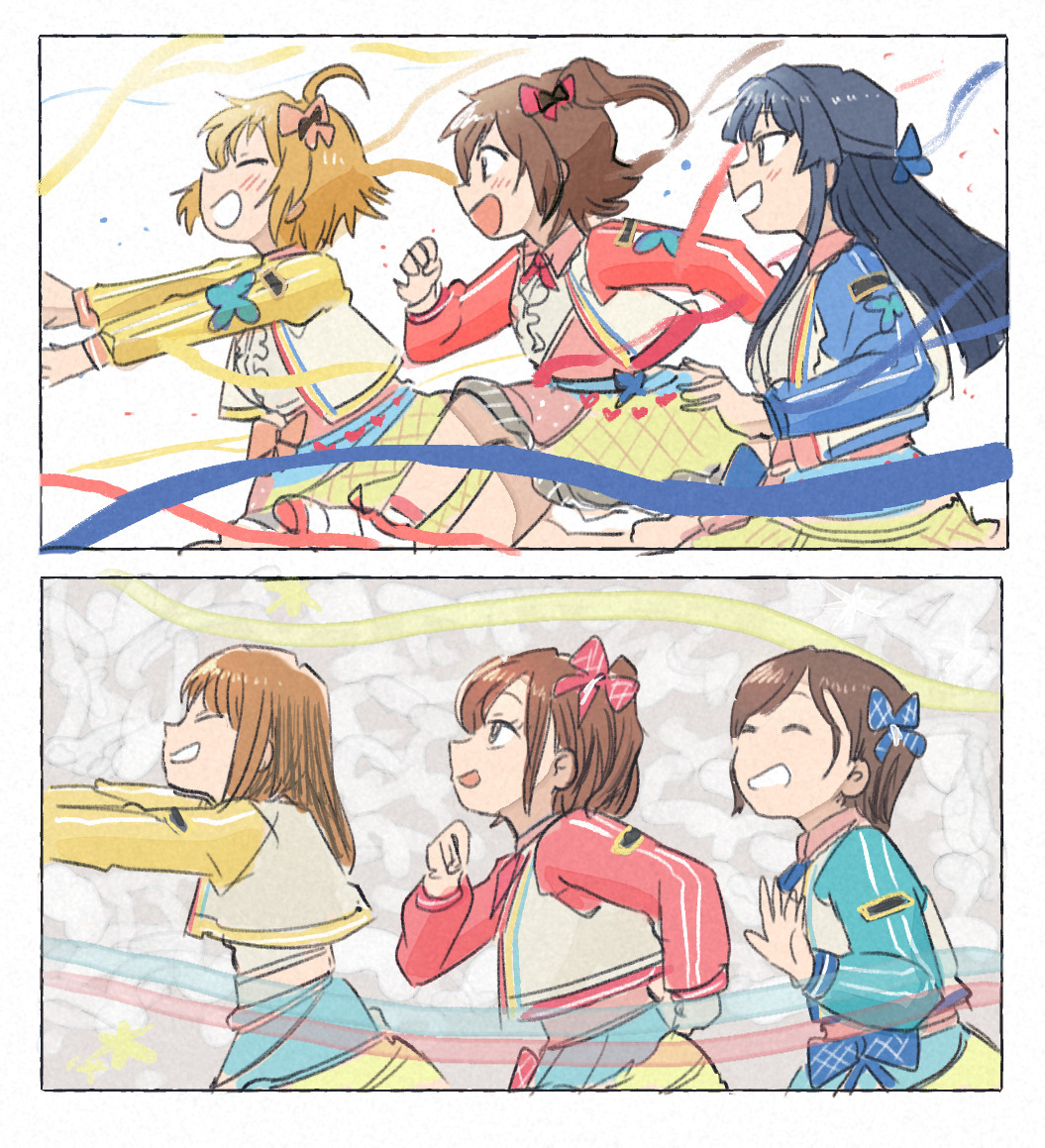6+girls, ahoge, black_hair, blonde_hair, brown_hair, closed_eyes, commentary_request, from_side