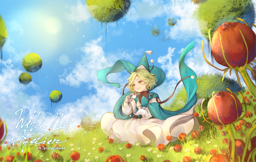 1girl, aqua_hat, artist_name, blue_sky, brushbuddy, closed_mouth, clouds, coco_(tongari_boushi_no_atelier), commentary, conical_hat, copyright_name, creature, diadem_herb, field, floating, floating_clothes, flower, grass, green_hair, hat, highres, on_ground, outdoors, qifrey's_atelier_apprentice_uniform, red_flower, sitting, sky, smile, tongari_boushi_no_atelier, twitter_username, vivvfauumeow, wizard_hat