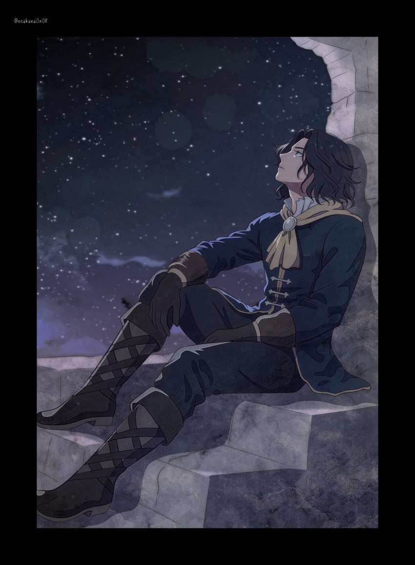 1boy, artist_name, ascot, black_border, black_gloves, black_hair, black_pants, blue_coat