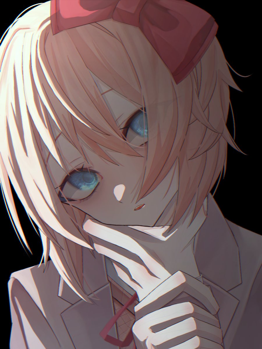 1girl, 393_(rj9kjsr7od32618), blazer, blue_eyes, bow, brown_sweater_vest, commentary, doki_doki_literature_club