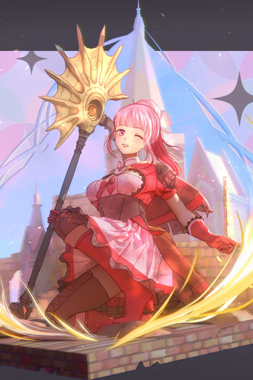 1girl, armor, axe, black_corset, black_thighhighs, blunt_bangs, boots, bow, commentary, corset, dress, elbow_gloves, english_commentary, fire_emblem, fire_emblem:_three_houses, fire_emblem_warriors:_three_hopes, freikugel_(fire_emblem), gem, gloves, hair_bun, high_heel_boots, high_heels, highres, hilda_(pokemon), holding, holding_axe, holding_weapon, irisli0224, knee_boots, kneeling, light_blush, looking_at_viewer, medium_hair, official_alternate_costume, official_alternate_hairstyle, one_eye_closed, pink_dress, pink_eyes, pink_hair, red_armor, red_boots, red_bow, red_gloves, red_trim, short_dress, smile, solo, star_(symbol), teeth, thigh-highs, weapon