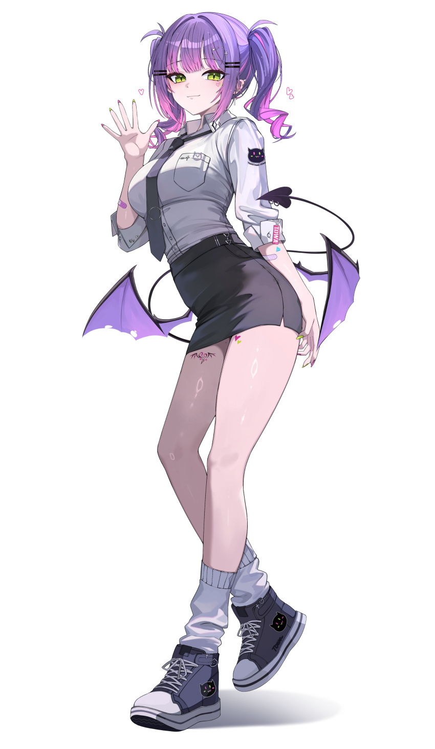 1girl, absurdres, black_necktie, black_shoes, black_skirt, breasts, center-flap_bangs, closed_mouth