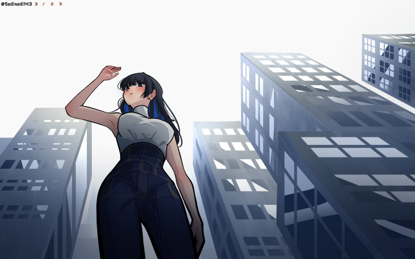1girl, black_hair, blue_eyes, blue_hair, breasts, city, closed_mouth, colored_inner_hair