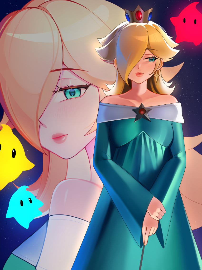1girl, absurdres, aqua_dress, aqua_eyes, blonde_hair, blue_eyes, blue_luma, brooch