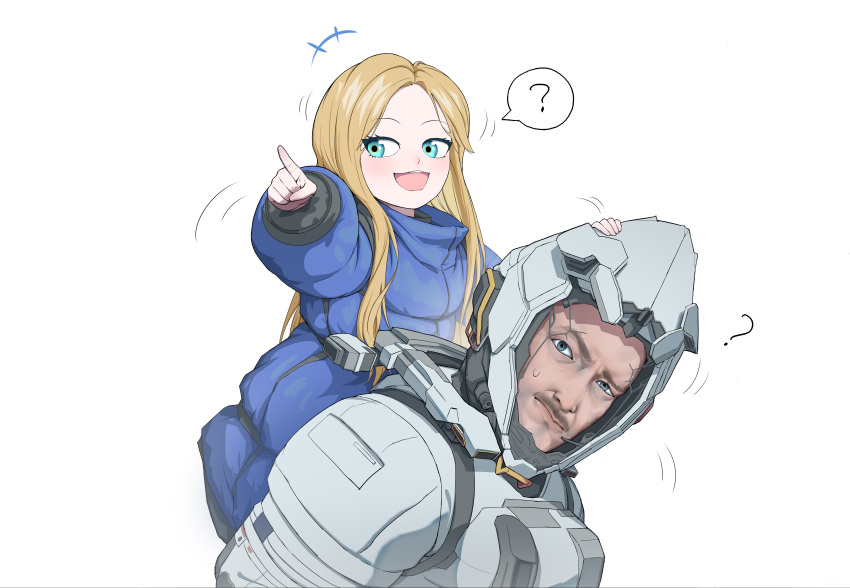 1boy, 1girl, ?, absurdres, blonde_hair, blue_coat, blue_eyes, blush