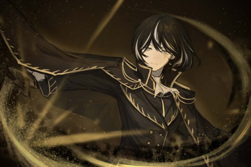 1girl, black_cape, black_hair, black_jacket, cape, closed_mouth, commentary, expressionless, grey_eyes, highres, holding, holding_weapon, jacket, limbus_company, looking_at_viewer, lucxie_233, moses_(project_moon), motion_lines, multicolored_hair, project_moon, solo, standing, streaked_hair, two-tone_hair, upper_body, weapon, white_hair