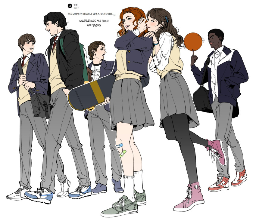 2girls, 4boys, alternate_universe, animification, bag, balancing_on_finger, ball, bandaid