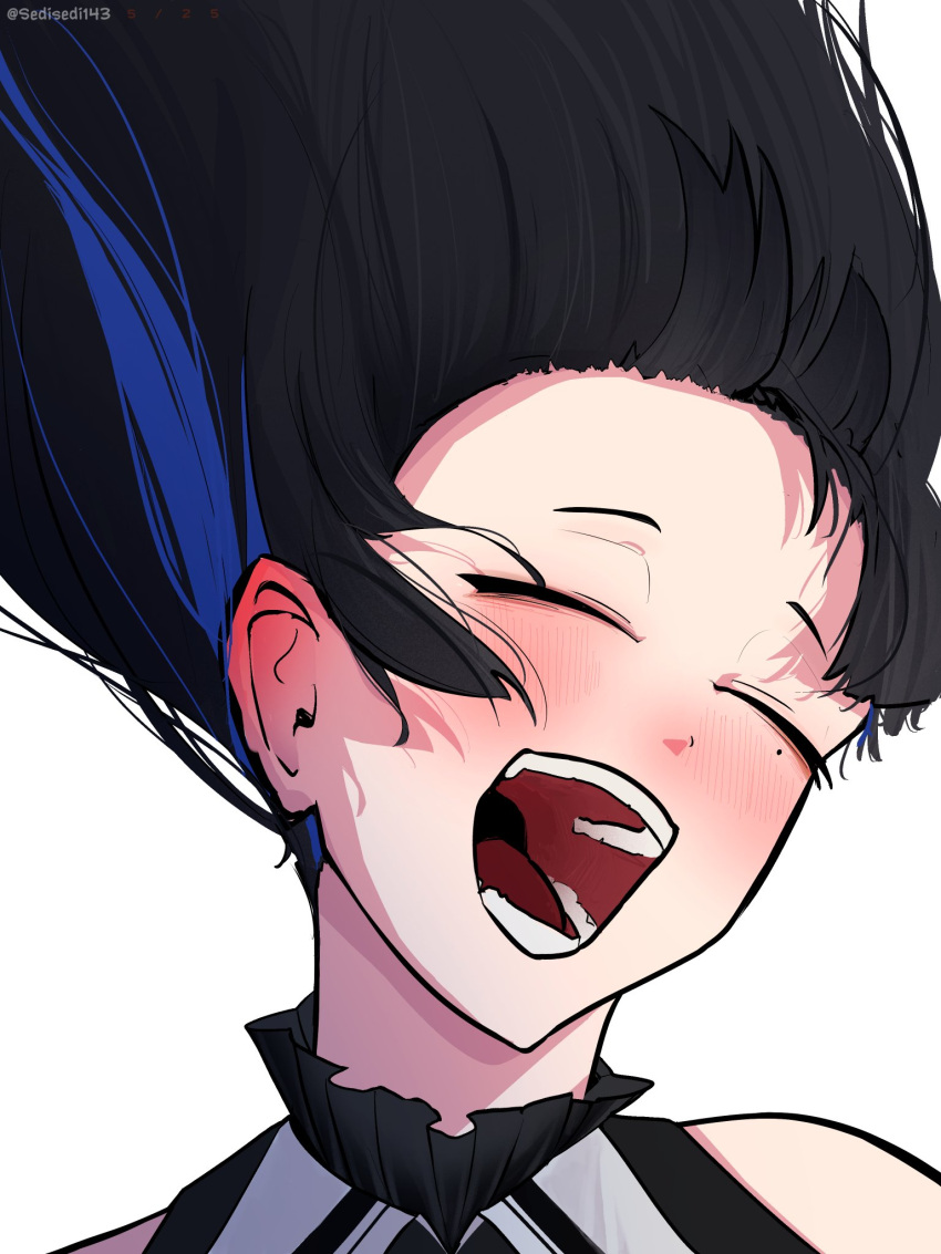 1girl, black_hair, blue_hair, blush, closed_eyes, highres, hololive, hololive_english