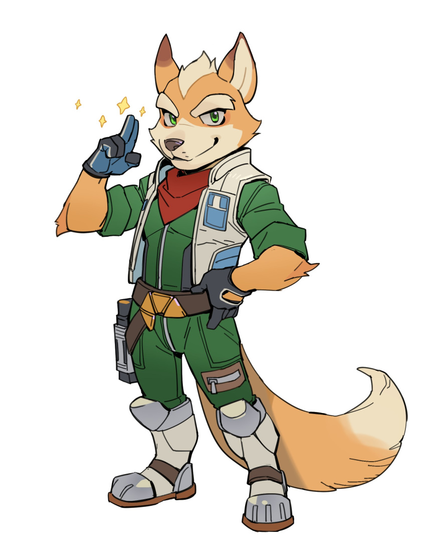 1boy, animal_ears, bluecard916, closed_mouth, commentary, english_commentary, fox_boy, fox_ears, fox_mccloud, fox_tail, furry, furry_male, gloves, green_jumpsuit, grey_gloves, hand_on_own_hip, highres, jumpsuit, looking_at_viewer, male_focus, neckerchief, red_neckerchief, smile, sparkle, star_fox, tail, vest, white_background, white_vest
