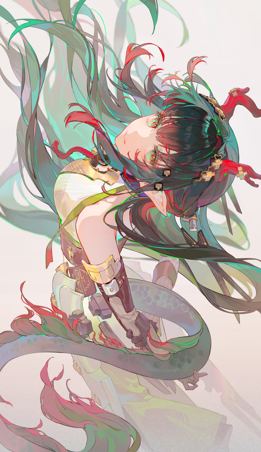 1girl, absurdres, arknights, arknights:_endfield, arms_behind_back, bare_shoulders, black_gloves, blunt_bangs