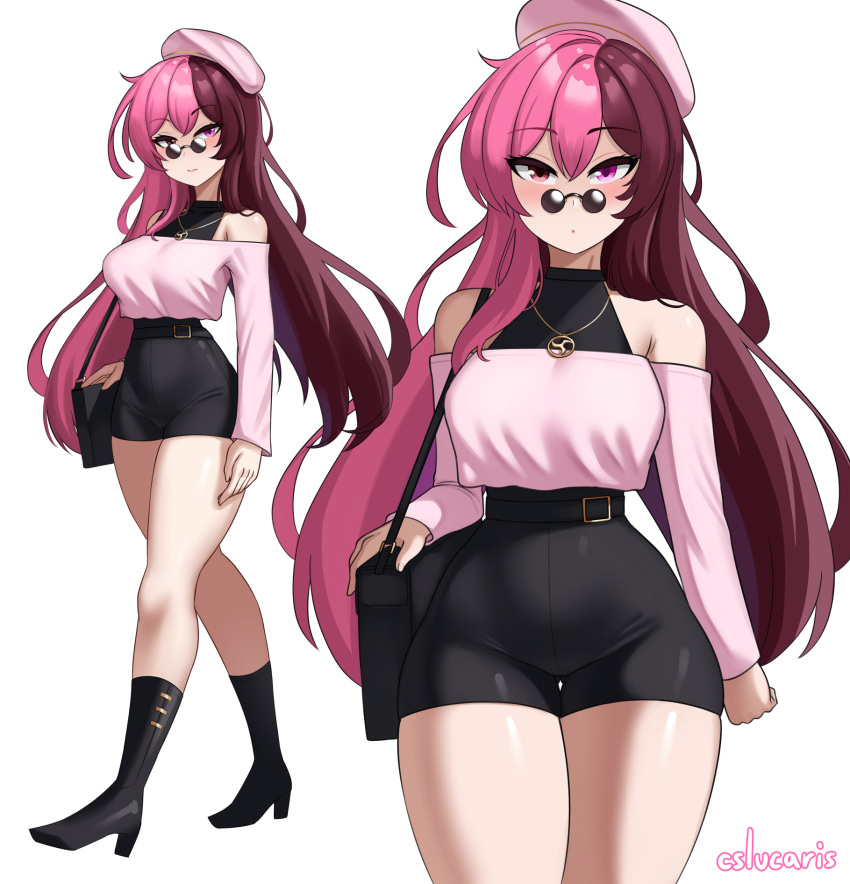 alternate_costume, artist_name, bag, beret, black_boots, boots, brown_hair, crop_top