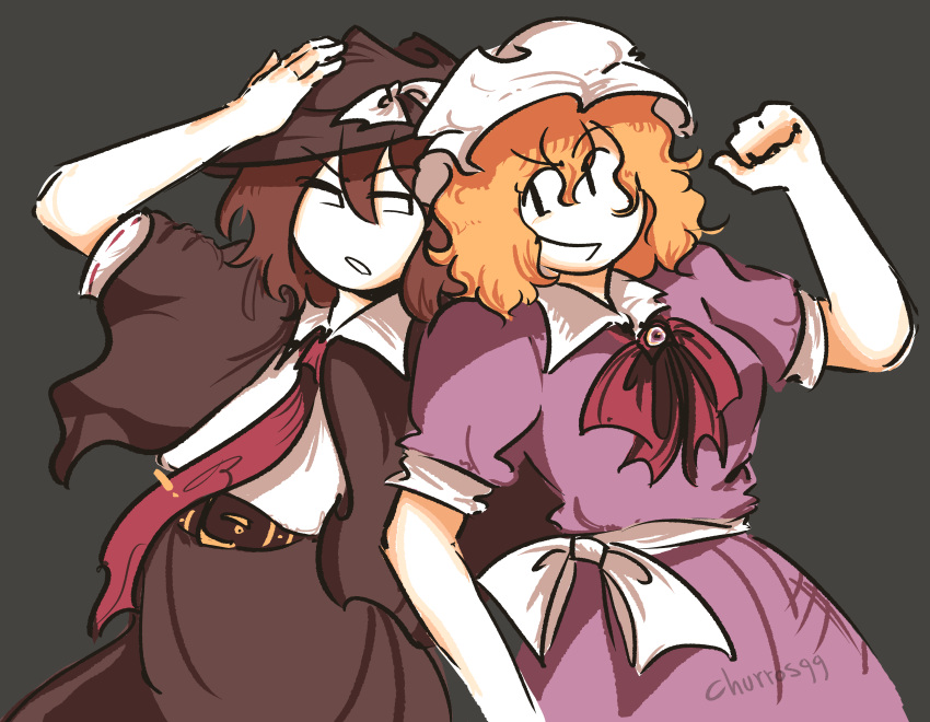 2girls, absurdres, artist_name, belt, black_capelet, black_hat, black_skirt, blonde_hair