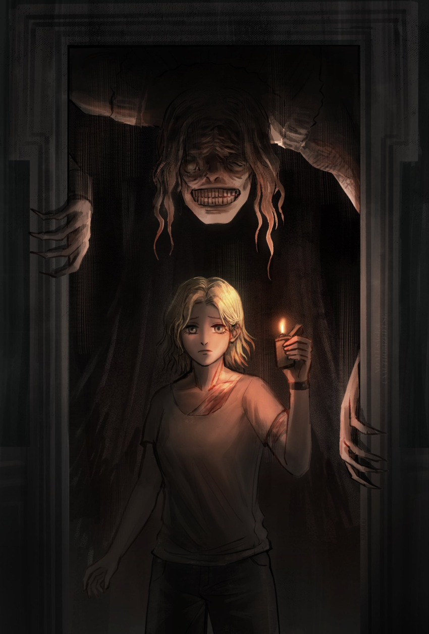 2girls, blonde_hair, claws, commentary, english_commentary, fire, grace_ashcroft, grin