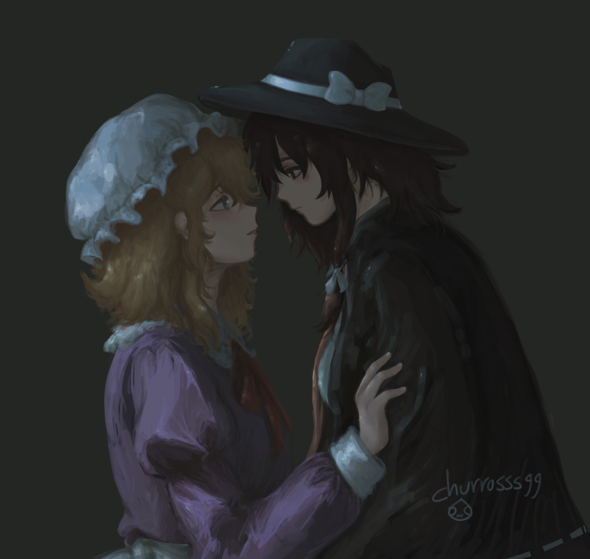 absurdres, artist_name, asymmetrical_sidelocks, black_capelet, black_hat, blonde_hair, blue_eyes, blush