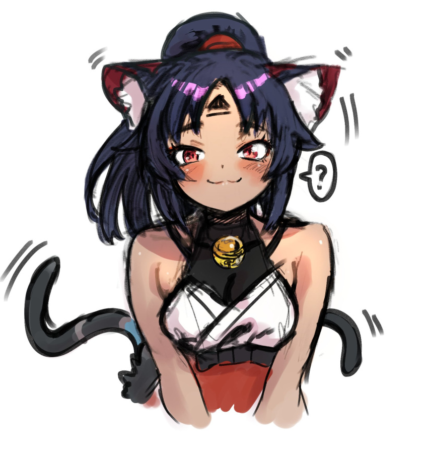 1girl, :3, ?, animal_ears, black_hair, cat_ears, cat_girl, cat_tail