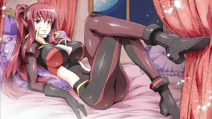 alternate_persona, artist_request, bed, black_carrier, black_gloves, blue_eyes, bodysuit, breasts