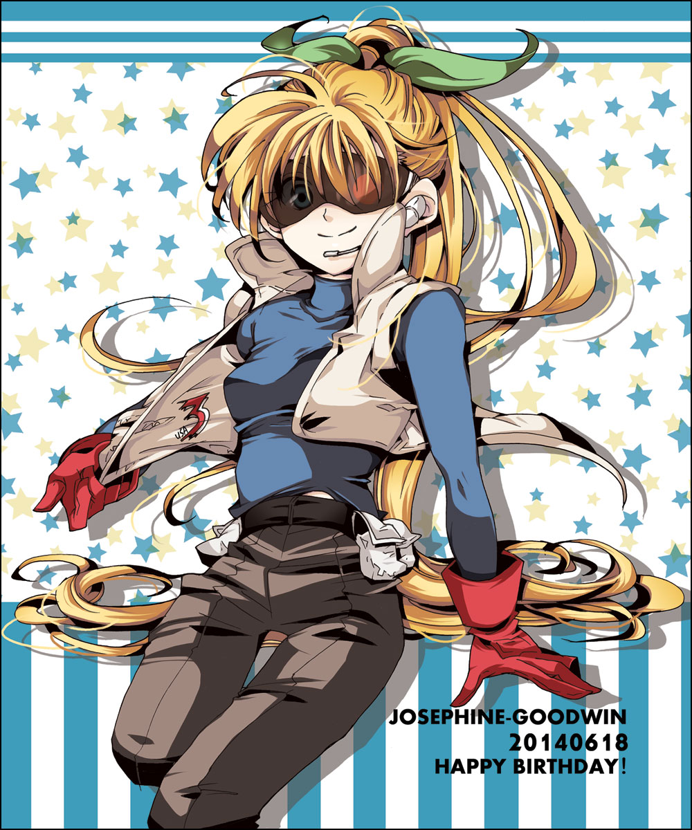 1girl, bakusou_kyoudai_let's_&amp;_go!!, belt, blue_eyes, bodysuit, breasts, character_name, clothes_around_waist