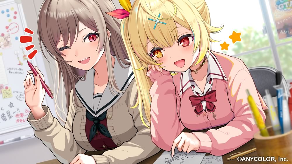2girls, blonde_hair, blush, bow, bowtie, breasts, brown_cardigan, brown_hair, cardigan, chair, choker, commentary_request, copyright_notice, desk, eye_contact, furen_e_lustario, furen_e_lustario_(5th_costume), hair_ornament, hair_ribbon, hairclip, heterochromia, holding, holding_pencil, hoshikawa_sara, hoshikawa_sara_(4th_costume), indoors, large_breasts, long_hair, long_sleeves, looking_at_another, multiple_girls, neckerchief, nijisanji, one_eye_closed, open_mouth, pen, pencil, pink_cardigan, red_bow, red_bowtie, red_eyes, red_ribbon, ribbon, sailor_collar, school, school_uniform, serafuku, shirt, side_ponytail, sitting, sleeves_past_wrists, smile, tatami_kami, upper_body, virtual_youtuber, white_sailor_collar, whiteboard, x_hair_ornament, yellow_eyes