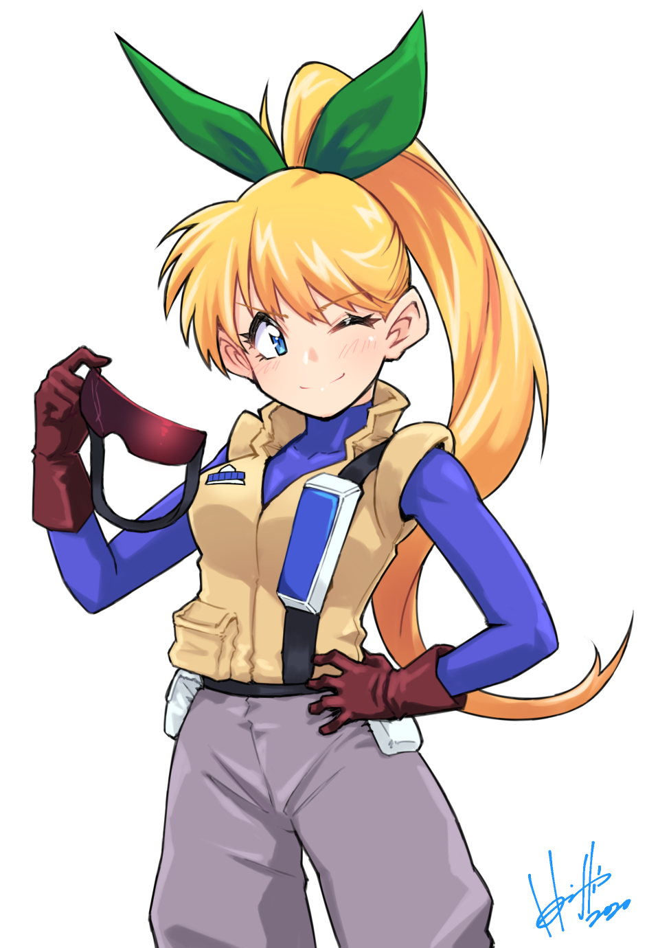 1girl, bakusou_kyoudai_let's_&amp;_go!!, blue_eyes, bodysuit, breasts, brown_gloves, clothes_around_waist, commentary_request