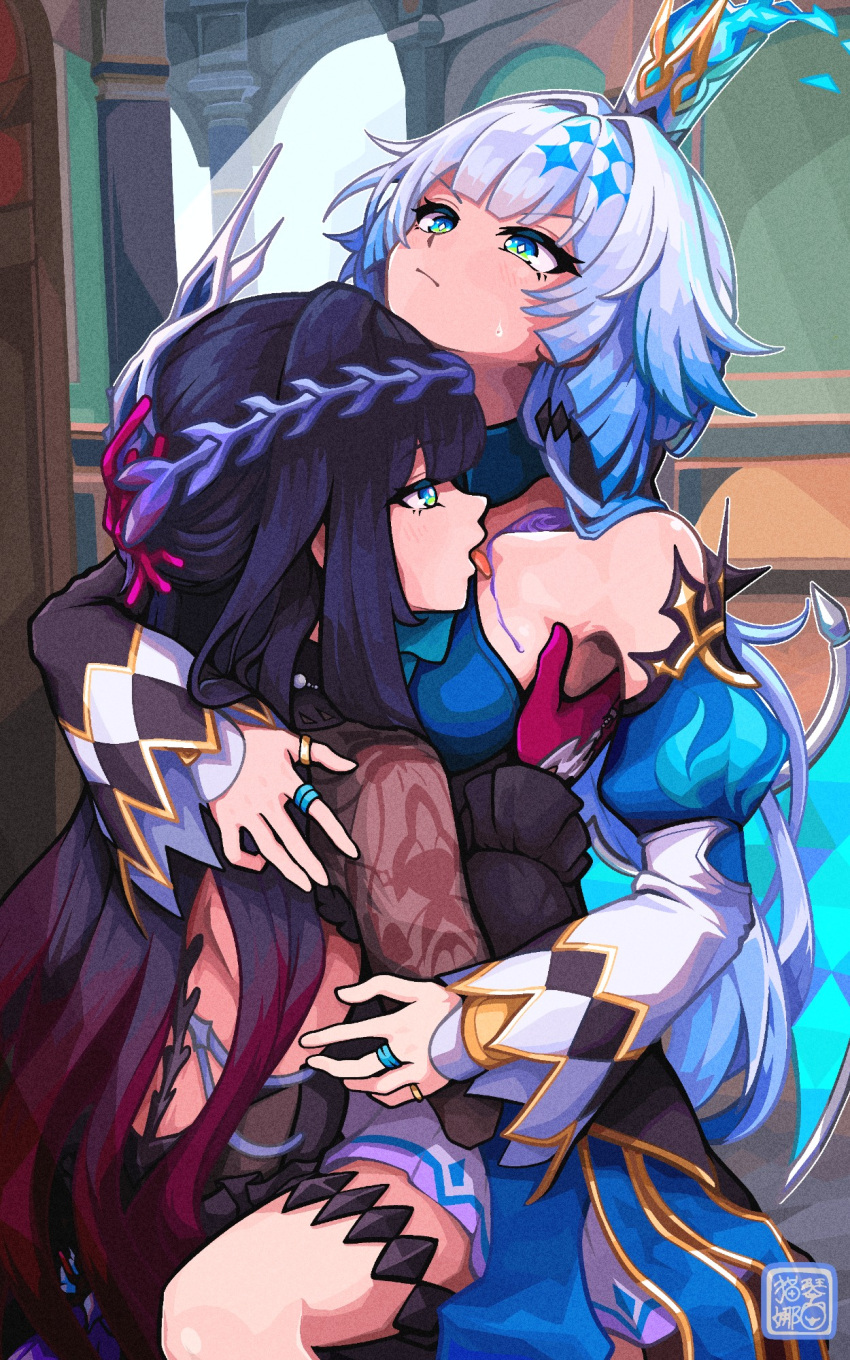 2girls, aqua_eyes, barine, black_hair, blue_fire, cerydra_(honkai:_star_rail), crown, detached_sleeves
