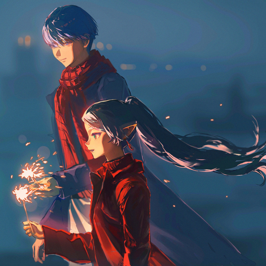 1boy, 1girl, black_coat, blue_eyes, blue_hair, blurry, blurry_background, chinese_commentary