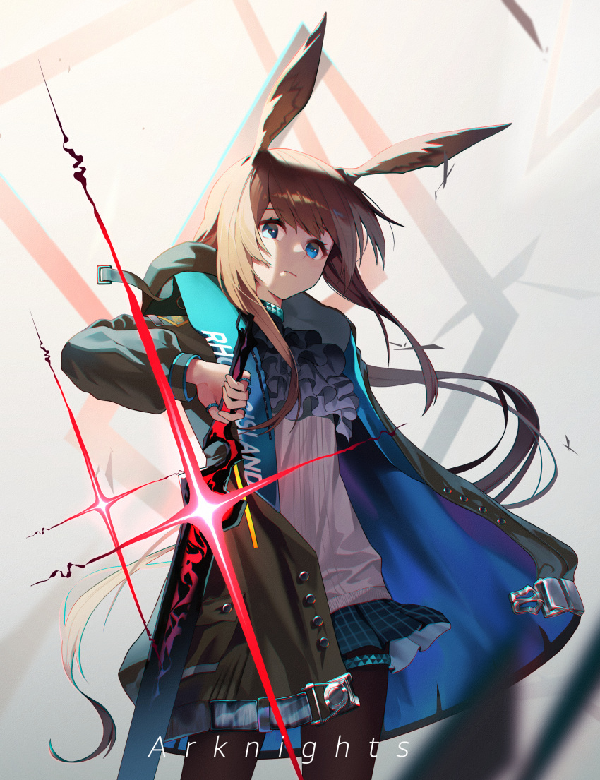 1girl, absurdres, amiya_(arknights), animal_ears, arknights, ascot, black_coat, black_pantyhose
