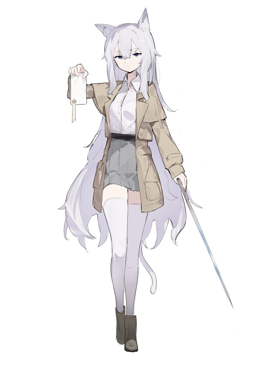 1girl, absurdres, animal_ear_fluff, animal_ears, blue_eyes, brown_jacket, brown_shoes, cat_ears, cat_girl, cat_tail, commentary_request, commission, female_masturbation, full_body, grey_hair, highres, holding, holding_sword, holding_weapon, jacket, jiadedaoshi, large_variant_set, long_hair, looking_at_viewer, masturbation, original, shoes, simple_background, solo, standing, sword, tail, variant_set, weapon, white_background