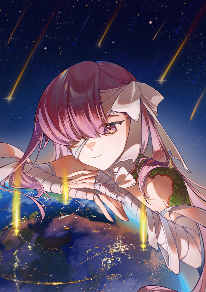 1girl, absurdres, amiably_02, bandage_over_one_eye, bandaged_arm, bandages, chinese_commentary, closed_mouth