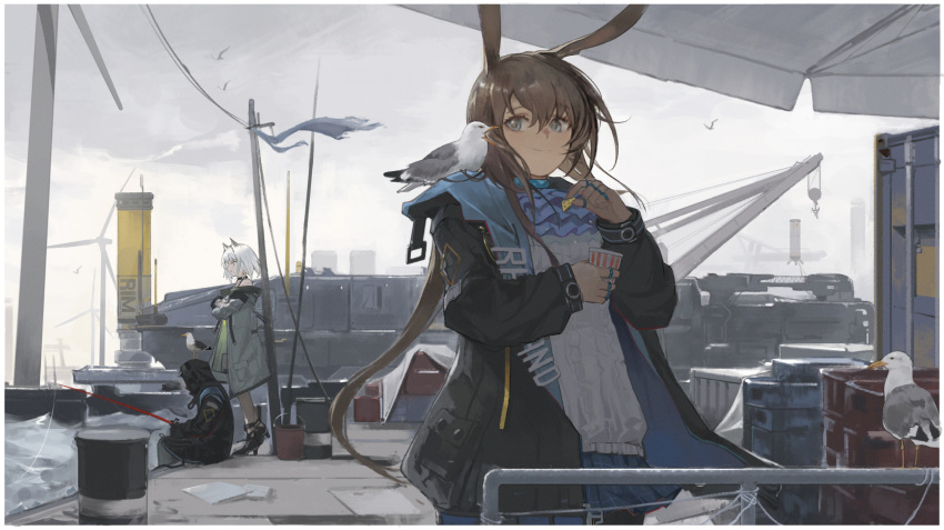 1other, 2girls, amiya_(arknights), animal_ears, arknights, bird, blue_eyes, braid