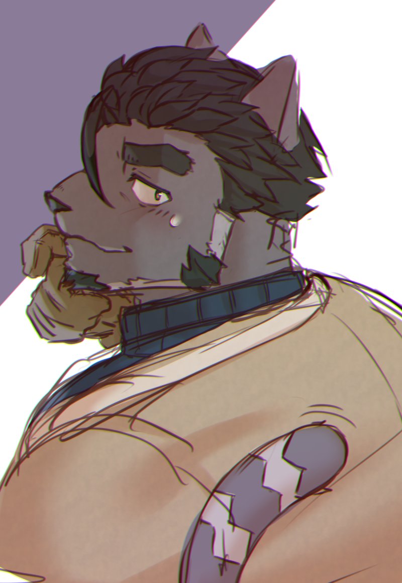 1boy, animal_ears, beard, blush, brown_coat, brown_gloves, cat_boy, cat_ears