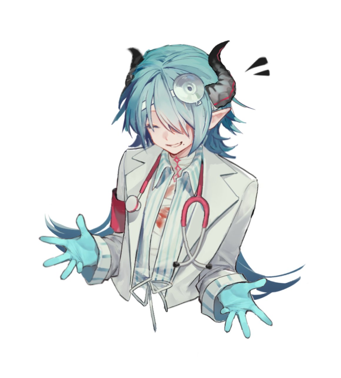 1boy, aqua_gloves, aqua_hair, arknights, bandages, blood, blood_on_bandages, closed_eyes