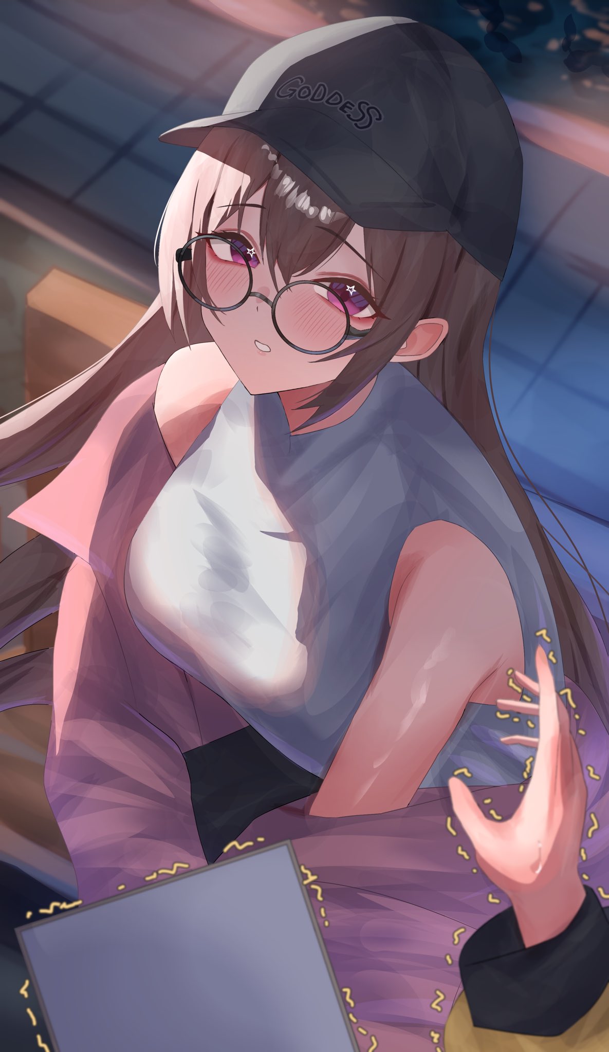 2girls, anis_(nikke), baseball_cap, black_hat, brown_hair, commentary_request, darufui_kh, english_text