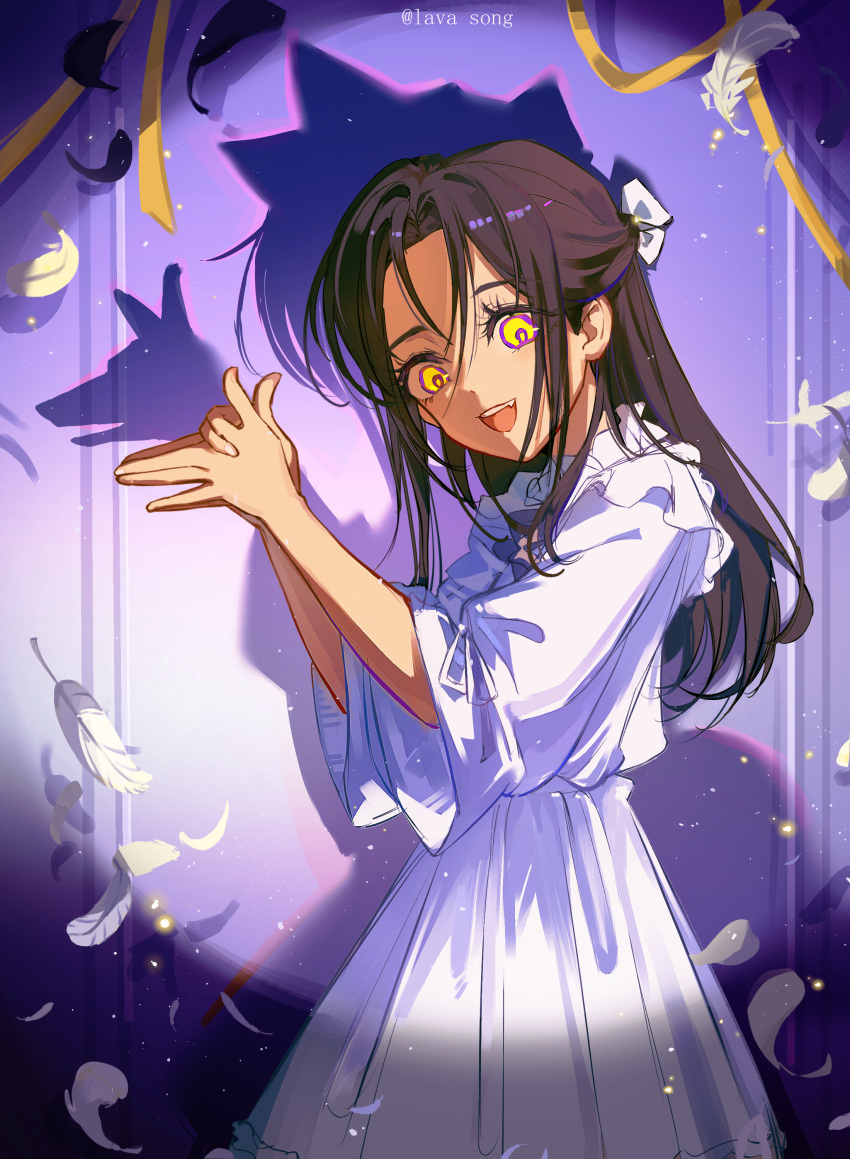 1girl, absurdres, black_hair, bow, chinese_commentary, commentary_request, different_shadow, dog_shadow_puppet