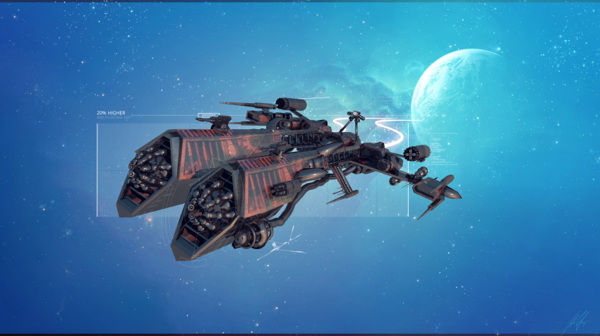 3d, advanced_ship_(eve_online), after_effects_(medium), autodesk_3ds_max_(medium), blue_background, brutor_tribe_(eve_online), cannon, combat_ship_(eve_online), commentary, english_commentary, eve_online, flying, frigate_(eve_online), highres, military_vehicle, outdoors, planet, realistic, rifter_(eve_online), science_fiction, signature, sky, space, spacecraft, spacecraft_turret, star_(sky), starry_sky, swp, vehicle_focus