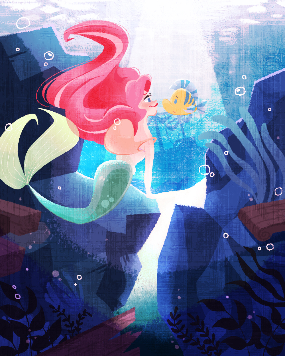 1boy, 1girl, air_bubble, ariel_(disney), bag, bikini, blue_eyes, blush