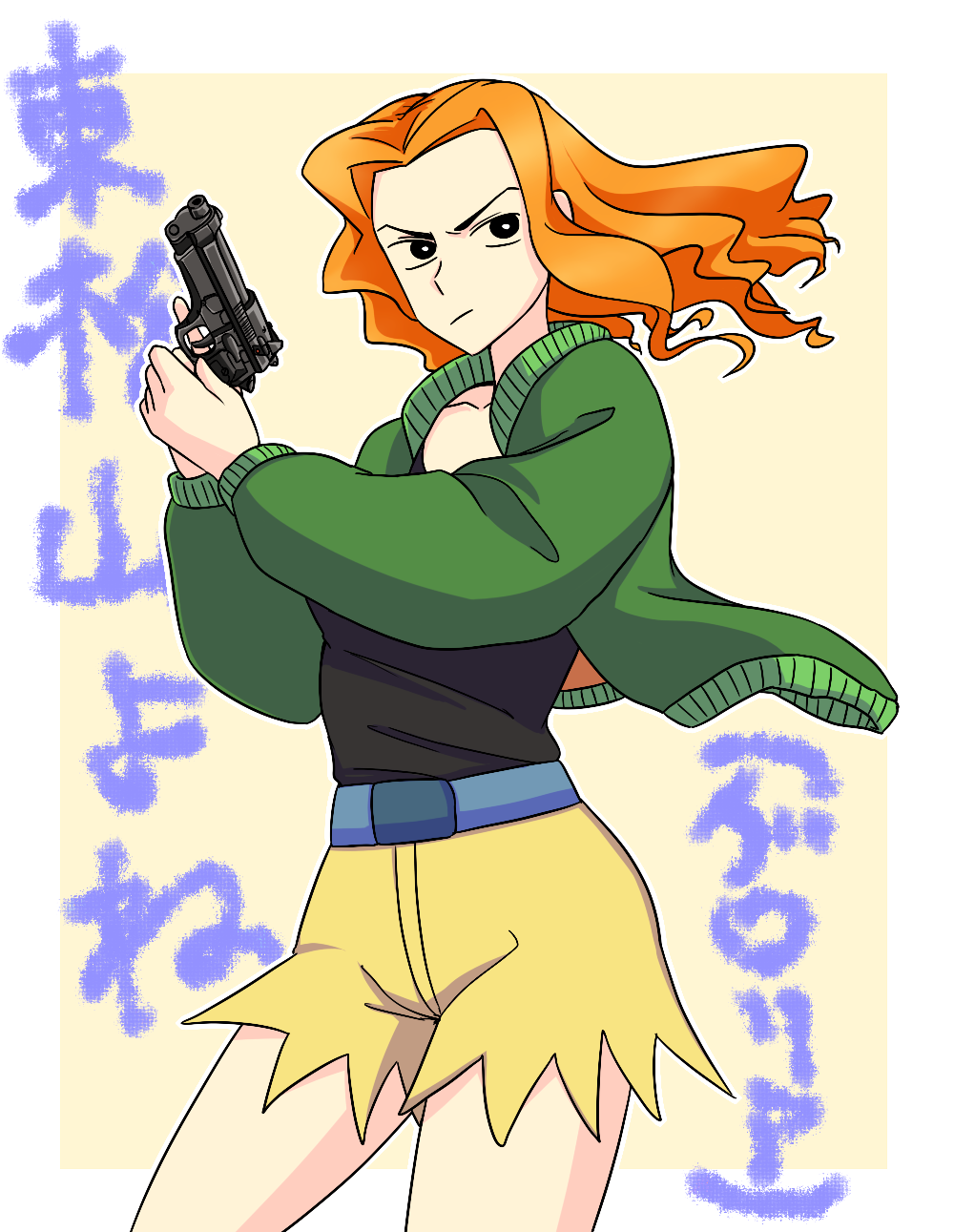 1girl, belt, breasts, character_name, collarbone, commentary_request, cowboy_shot, crayon_shin-chan, cropped_jacket, curly_hair, forehead, green_jacket, gun, handgun, higashimatsuyama_yone, highres, holding, holding_gun, holding_weapon, jacket, long_hair, long_sleeves, looking_to_the_side, midriff, orange_hair, pants, short_shorts, shorts, simple_background, solo, standing, thighs, trigger_discipline, tsubasa_(godbardtsubasa), turtleneck, weapon, yellow_background, yellow_pants