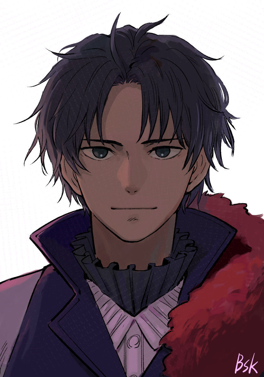 1boy, b_suke, bartholomew_roberts_(fate), black_hair, blue_eyes, close-up, commentary_request, dark-skinned_male