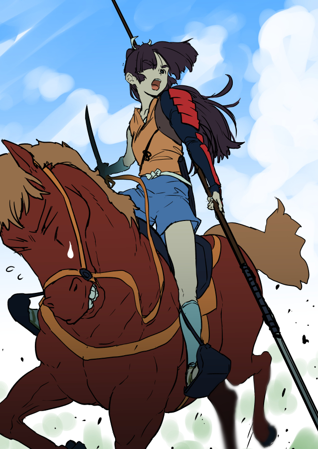 1girl, 1other, armor, blue_sky, bow, brown_hair, clouds, commentary_request