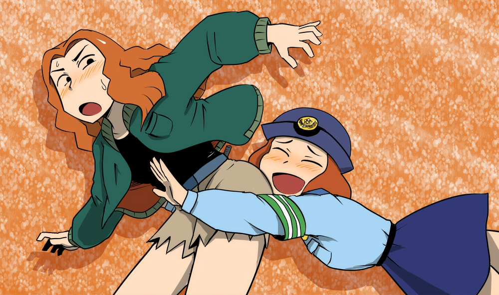2girls, armband, belt, blush, breast_pocket, brown_hair, collarbone, commentary_request, crayon_shin-chan, dandanbara_teruyo, denim, denim_shorts, forehead, green_armband, green_jacket, green_sweater, happy, hat, higashimatsuyama_yone, jacket, long_sleeves, multiple_girls, nicetack, open_mouth, orange_hair, pocket, police, police_hat, police_uniform, policewoman, shorts, skirt, spread_fingers, sweat, sweater, thighs