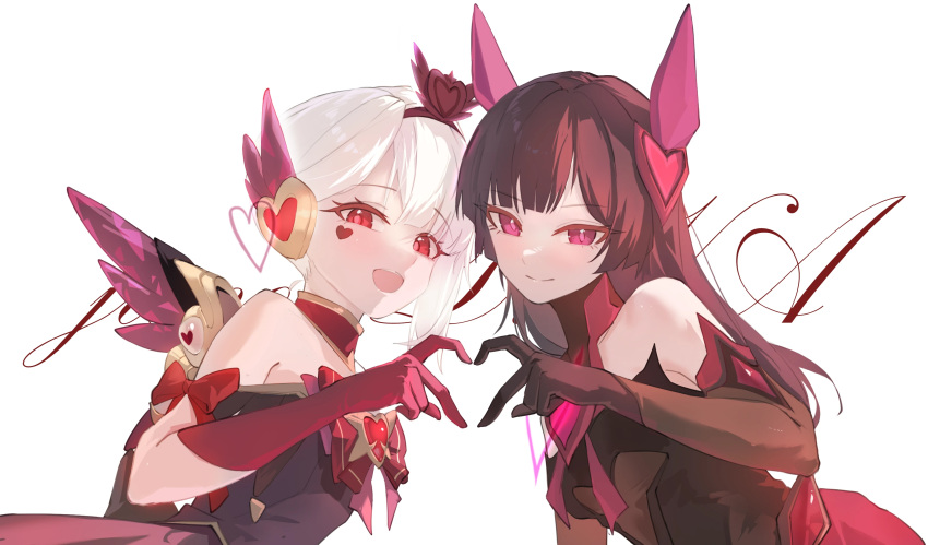 2girls, 5higure, :d, absurdres, bare_shoulders, black_gloves, black_hair, black_hairband