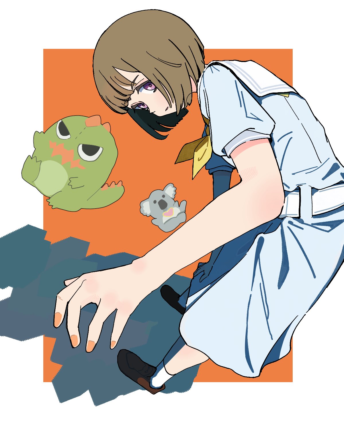 1girl, a_vabo., blue_dress, bob_cut, border, brown_hair, brown_shoes, commentary_request