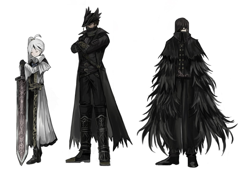 3boys, ahoge, belt, black_boots, black_coat, black_hair, black_hat, black_shoes