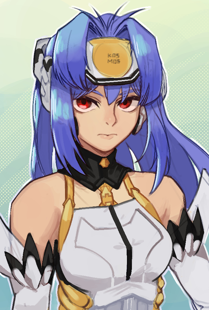 1girl, android, blue_hair, breasts, closed_mouth, expressionless, forehead_protector, gradient_background