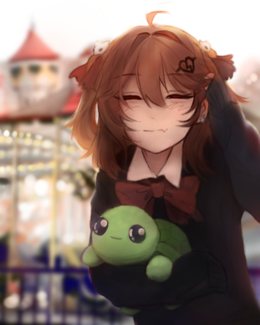 1boy, 1girl, absurdres, ahoge, amusement_park, arm_up, black_cardigan, blurry