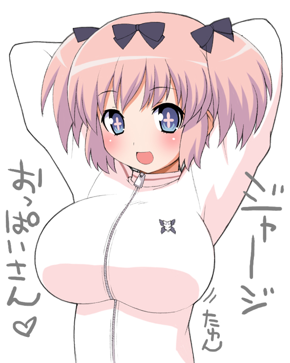 1girl, arms_behind_head, blue_eyes, blush, bow, breasts, commentary_request, dot_nose