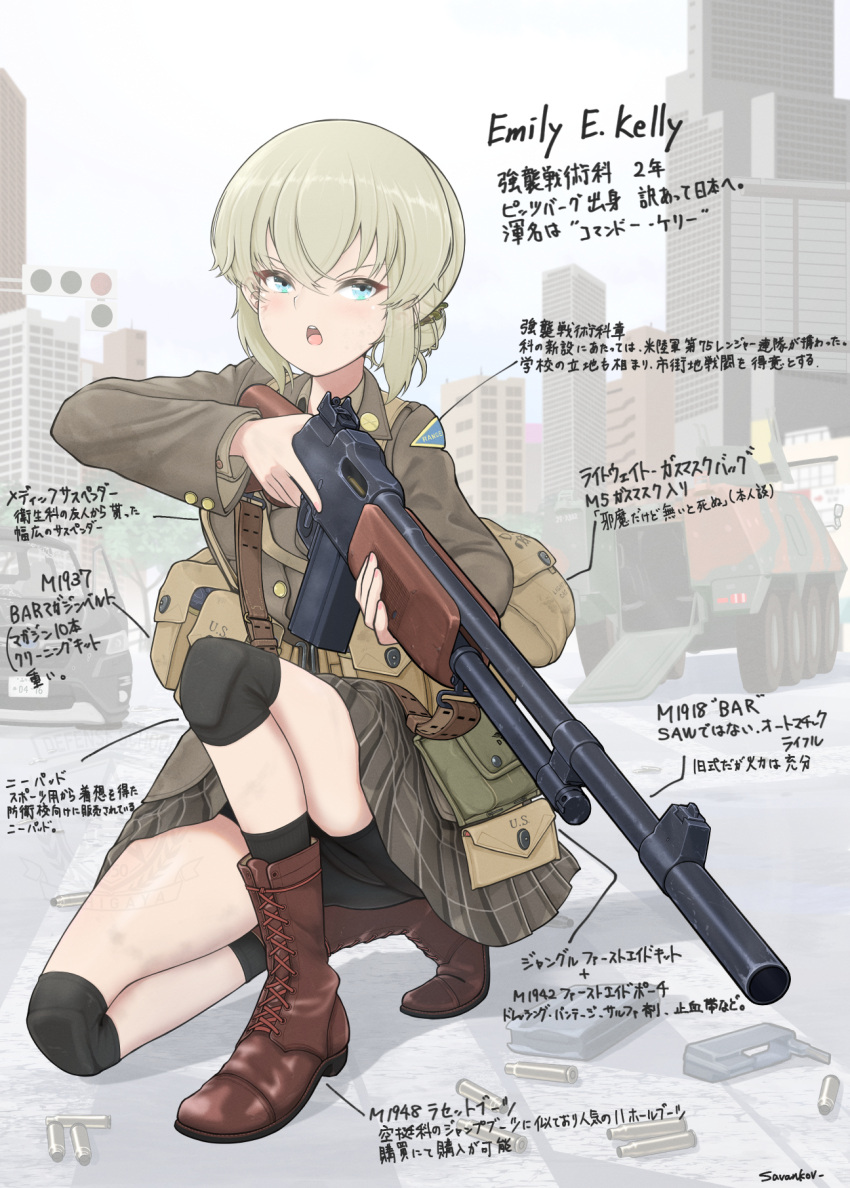 1girl, armored_personnel_carrier, armored_vehicle, blonde_hair, blue_eyes, boots, bullet, character_name, city, commentary, detached_magazine_(weapon), gun, hair_bun, highres, holding, holding_gun, holding_weapon, jacket, knee_pads, light_machine_gun, looking_at_viewer, m1918_bar, machine_gun, magazine_(weapon), military, motor_vehicle, on_one_knee, open_mouth, original, plaid_clothes, plaid_skirt, pointing_out_the_details, savankov, school_uniform, shell_casing, short_hair, sidelocks, skirt, solo, tactical_school_uniform, urban, weapon