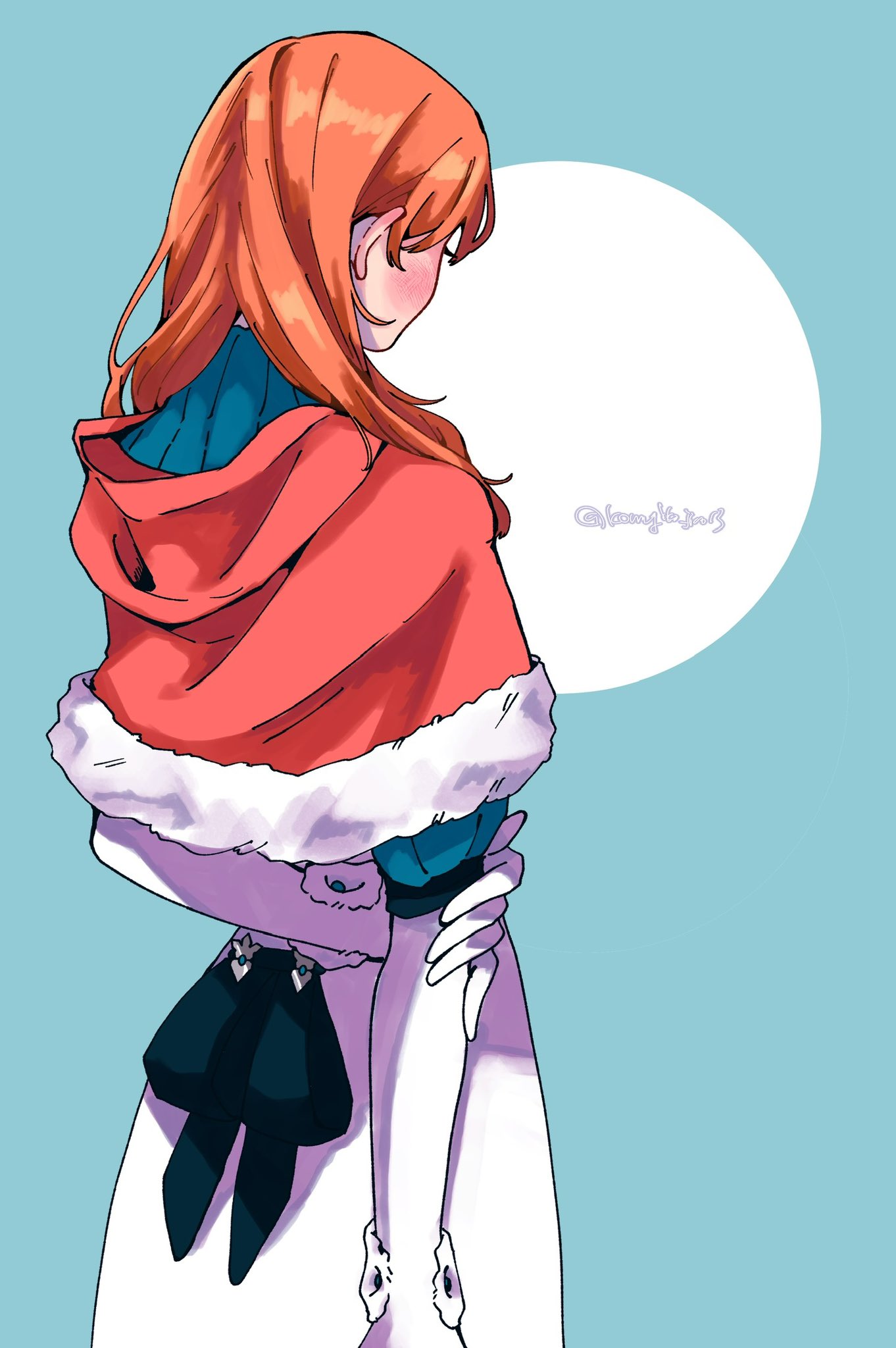 1girl, annette_fantine_dominic, annette_fantine_dominic_(timeskip), arms_behind_back, artist_name, blue_background, blush, capelet