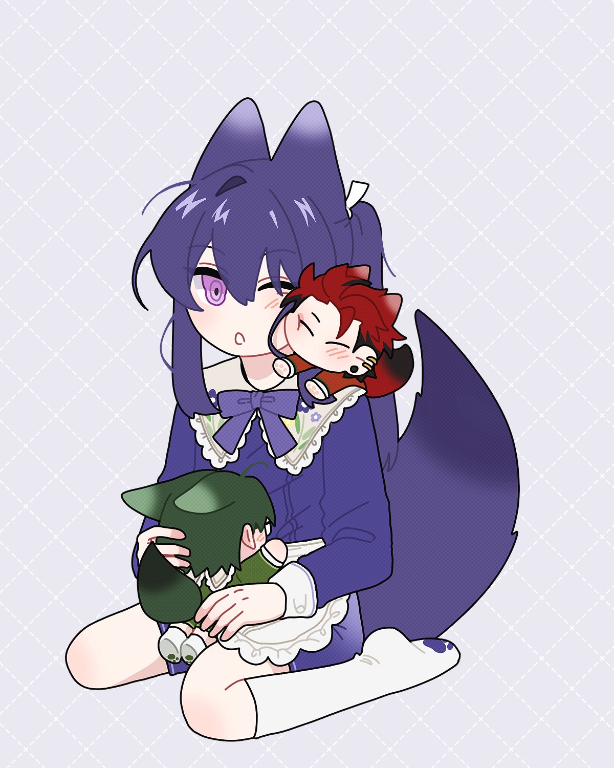 3boys, :o, aged_down, ahoge, alternate_costume, animal_ears, apron, black_hair