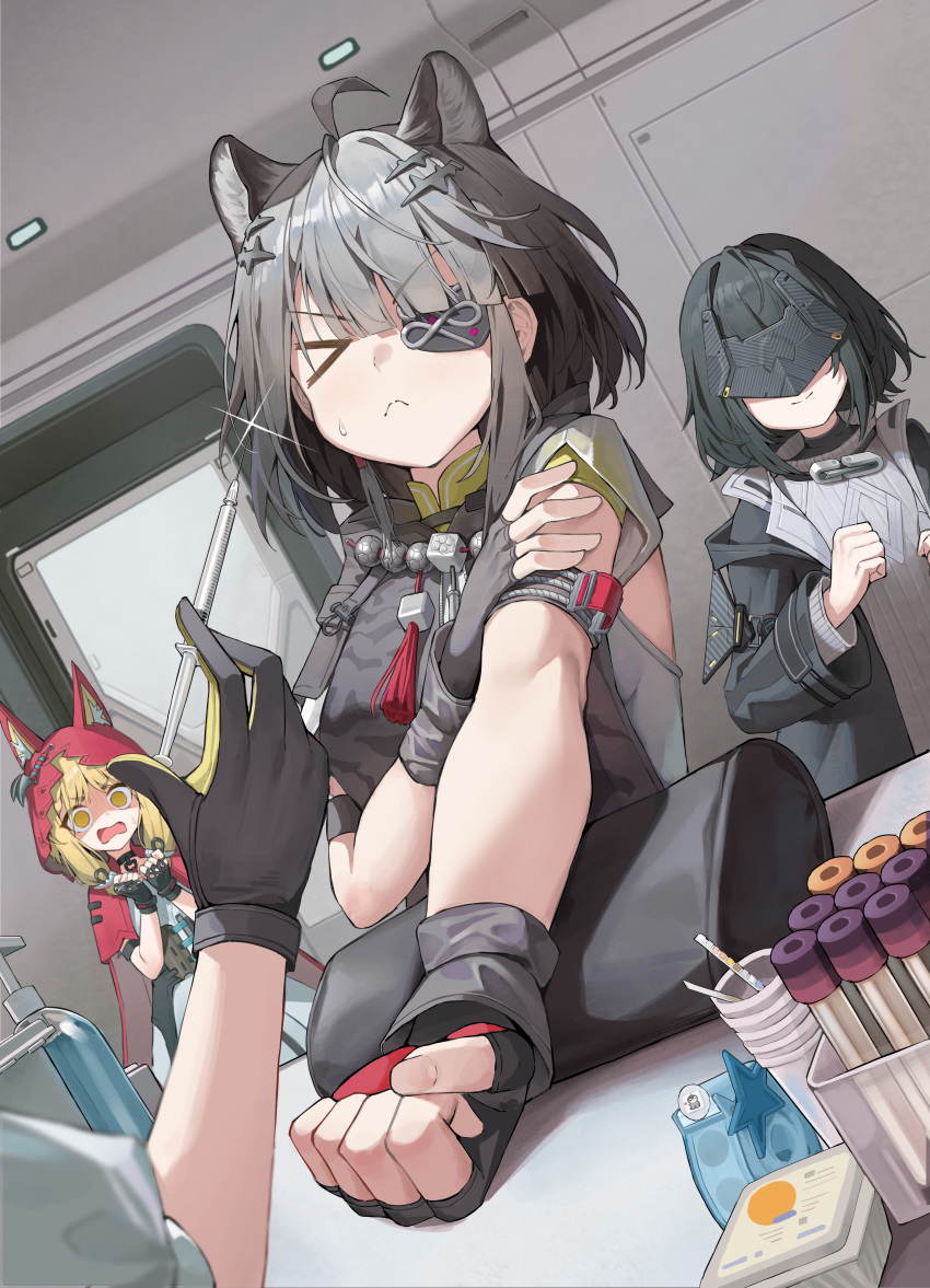 >_<, 1other, 3girls, :<, absurdres, animal_ears, arknights, arknights:_endfield
